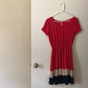 Red, tan, navy dress